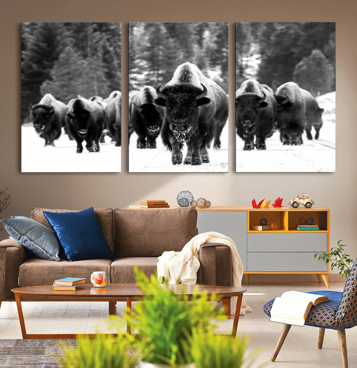 62434-MGV-CV-36X24-Bison Herd Wall Art – Majestic Black and White Buffalo Canvas Print, Wildlife Nature Photography Decor for Living Room, Office or