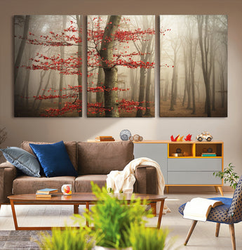 61855-MGV-CV-36X24-Misty Forest Wall Art – Red Tree with Autumn Leaves Canvas Print, Moody Woodland Nature Decor for Living Room, Bedroom, or Office