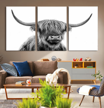 10123-MGV-CV-36X24-Black and White Highland Cow Wall Art – Modern Farmhouse Animal Print, Rustic Scottish Bull Canvas Decor for Living Room, Bedroom,