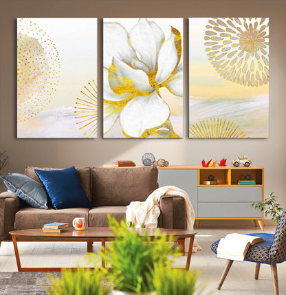 82301-MGV-CV-36X24-Modern Floral Wall Art – White Flower with Gold Detailing Canvas Print, Elegant Abstract Artwork for Living Room, Bedroom, or