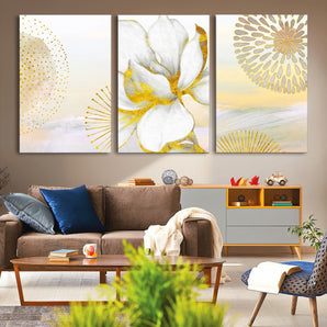 82301-MGV-CV-60X30-3P-Modern Floral Wall Art – White Flower with Gold Detailing Canvas Print, Elegant Abstract Artwork for Living Room, Bedroom, or