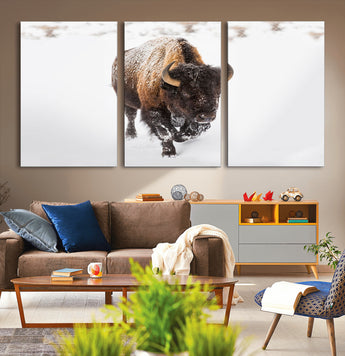 19889-MGV-CV-36X24-Snow Bison Wall Art – Majestic Buffalo Winter Landscape Canvas Print, Rustic Wildlife Photography Decor for Cabin, Lodge, Living