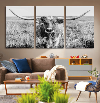77320-MGV-CV-36X24-Texas Longhorn Wall Art – Black and White Western Cattle Canvas Print, Rustic Farmhouse Animal Photography Decor for Living Room,