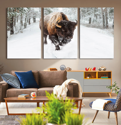 10109-MGV-CV-36X24-Majestic Bison Winter Wall Art – Snowy Forest Buffalo Canvas Print, Rustic Wildlife Photography Decor for Cabin, Lodge, Living