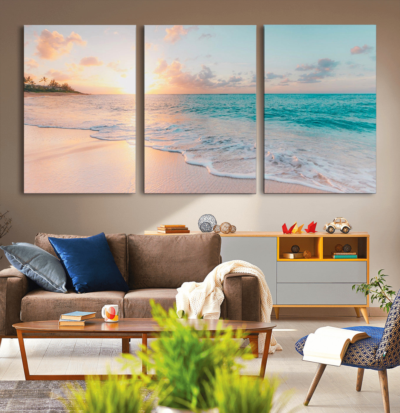 36554-MGV-CV-36X24-Tropical Beach Sunset Wall Art – Ocean Waves and Palm Canvas Print, Coastal Seascape Photography Decor for Living Room, Bedroom,