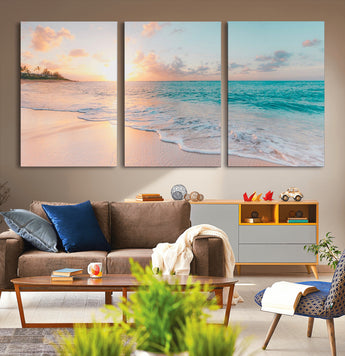 36554-MGV-CV-36X24-Tropical Beach Sunset Wall Art – Ocean Waves and Palm Canvas Print, Coastal Seascape Photography Decor for Living Room, Bedroom,