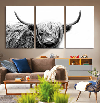 51957-MGV-CV-36X24-Highland Cow Wall Art – Black and White Scottish Highland Bull Canvas Print, Rustic Farmhouse Animal Decor for Living Room,