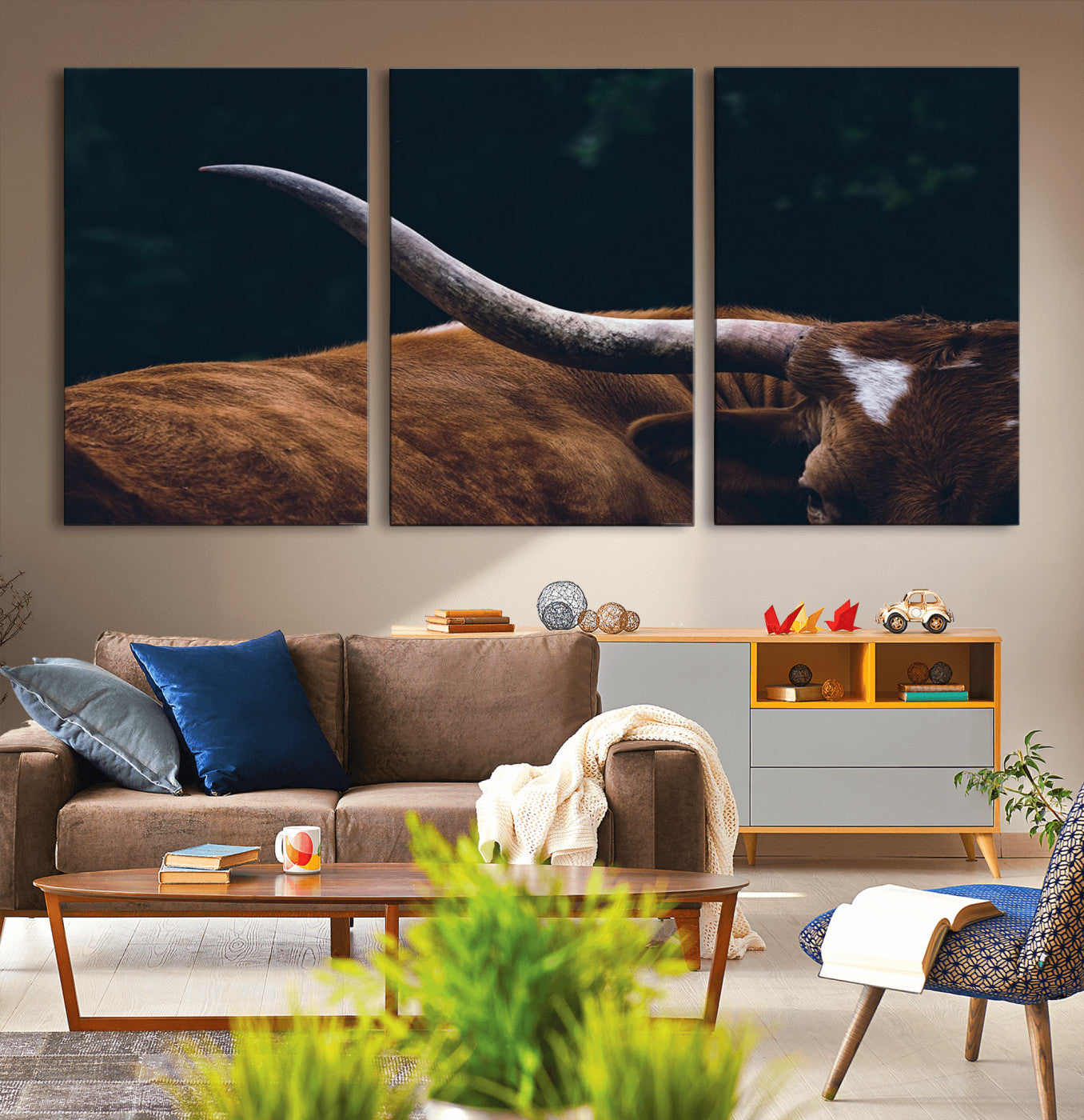 55197-MGV-CV-36X24-Texas Longhorn Wall Art – Rustic Western Bull Horn Canvas Print and Farmhouse Country Animal Decor for Living Room, Office or