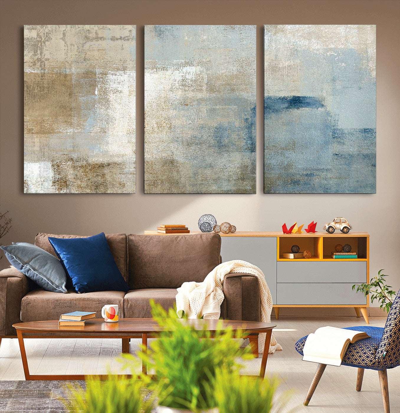 38126-MGV-CV-36X24-Neutral Abstract Wall Art – Modern Beige and Blue Canvas Print and Minimalist Textured Painting for Living Room, Bedroom or Office