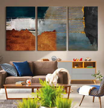 35026-MGV-CV-36X24-Abstract Canvas Wall Art – Modern Teal, Rust, Black and Gold Textured Painting, Contemporary Decor for Living Room, Bedroom