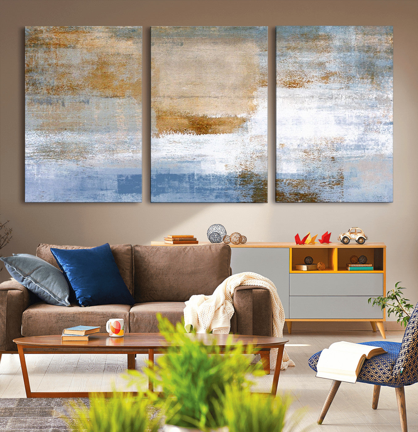 72354-MGV-CV-36X24-Blue and Gold Abstract Wall Art – Modern Minimalist Canvas Print, Textured Contemporary Painting for Living Room, Bedroom, or