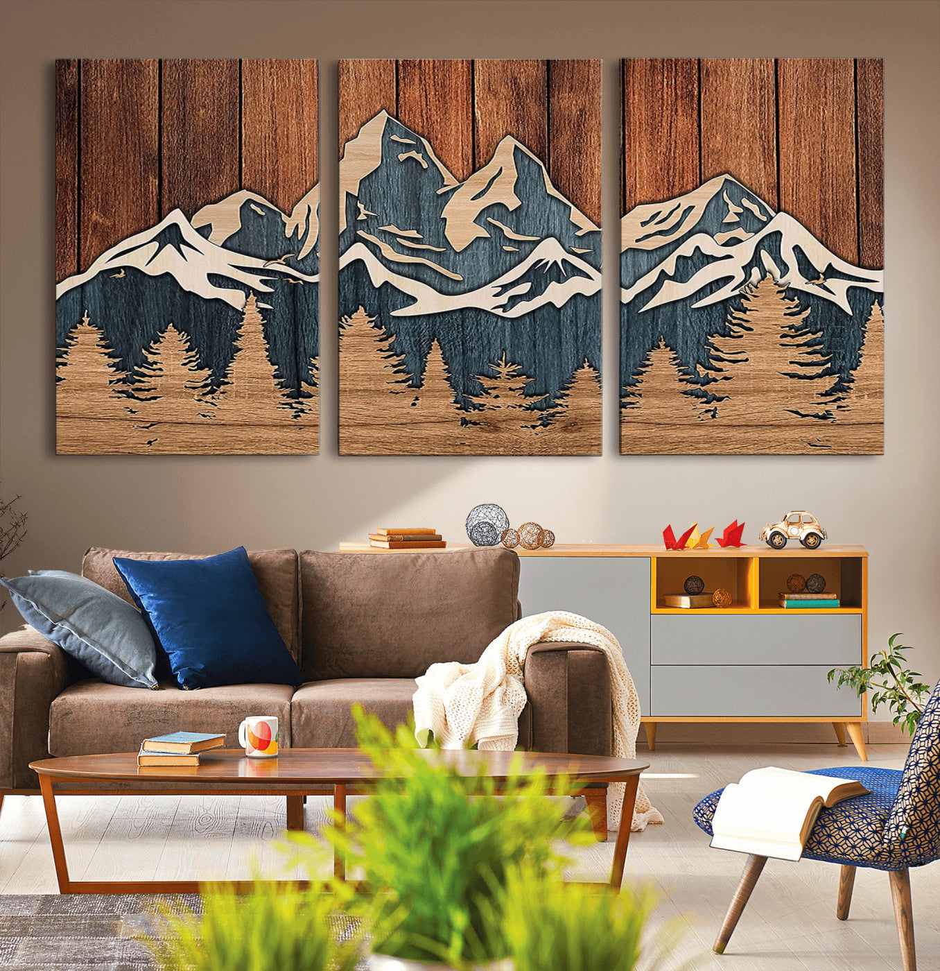 41330-MGV-CV-36X24-Rustic Mountain Wall Art – Wooden Nature Scene with Trees and Peaks, Handmade 3D Layered Decor for Living Room, Cabin or Office