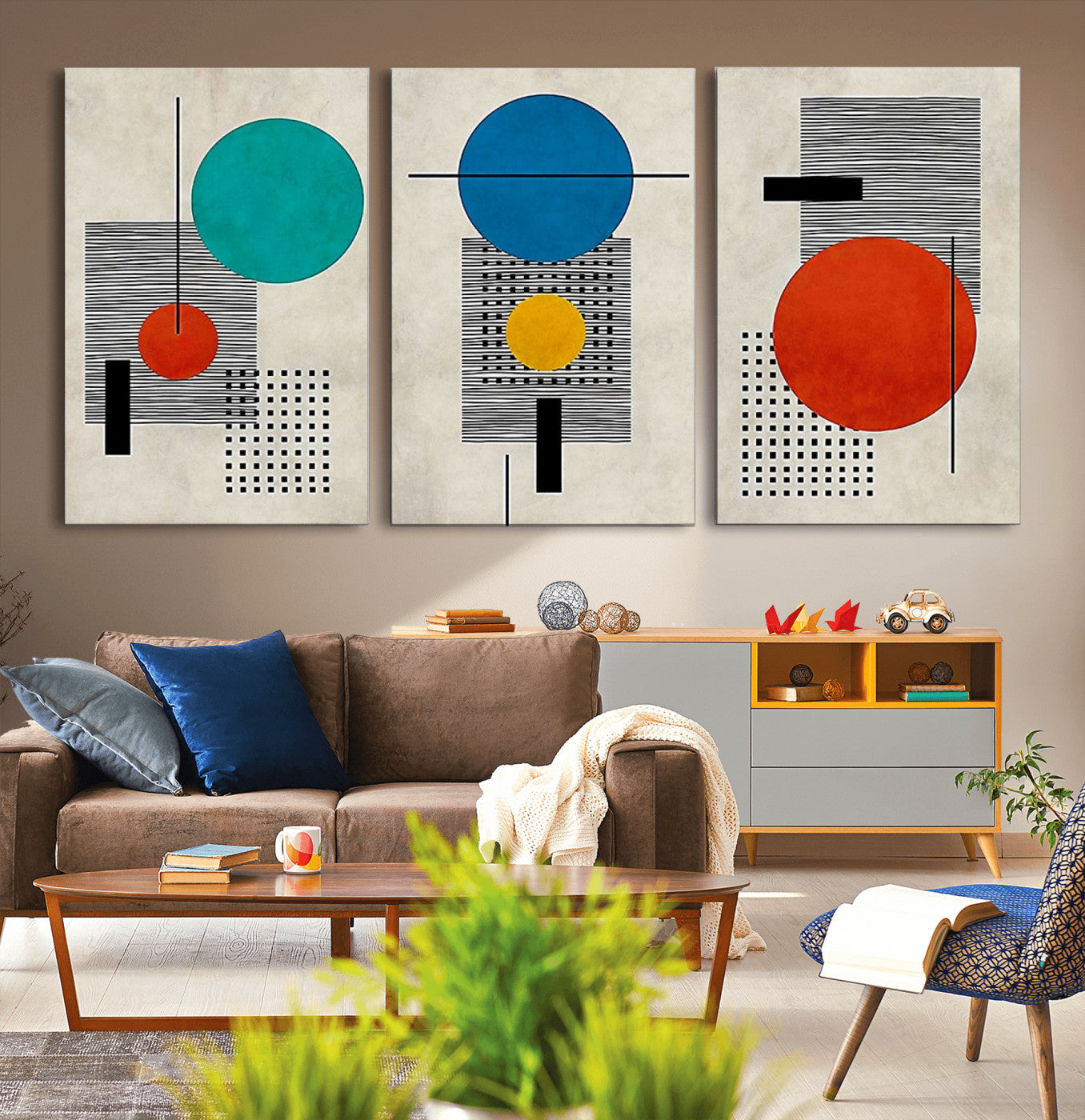 44633-MGV-CV-60X30-3P-Geometric Abstract Wall Art – Colorful Modern Shapes Canvas Print, Mid Century Minimalist Decor for Living Room, Bedroom or Office