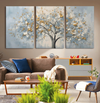 65811-MGV-CV-36X24-Abstract Tree Wall Art – Textured Canvas Painting with Gold and White Leaves, Modern Nature Inspired Decor for Living Room or