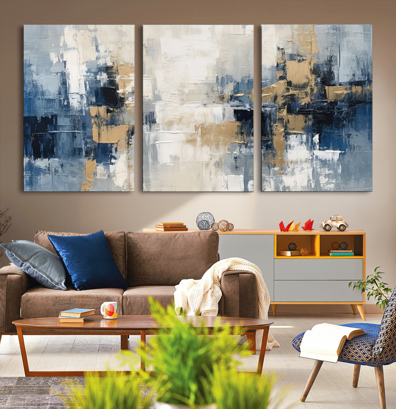 44344-MGV-CV-36X24-Abstract Blue and Gold Wall Art – Modern Hand Painted Canvas Print, Contemporary Textured Painting for Living Room, Bedroom or