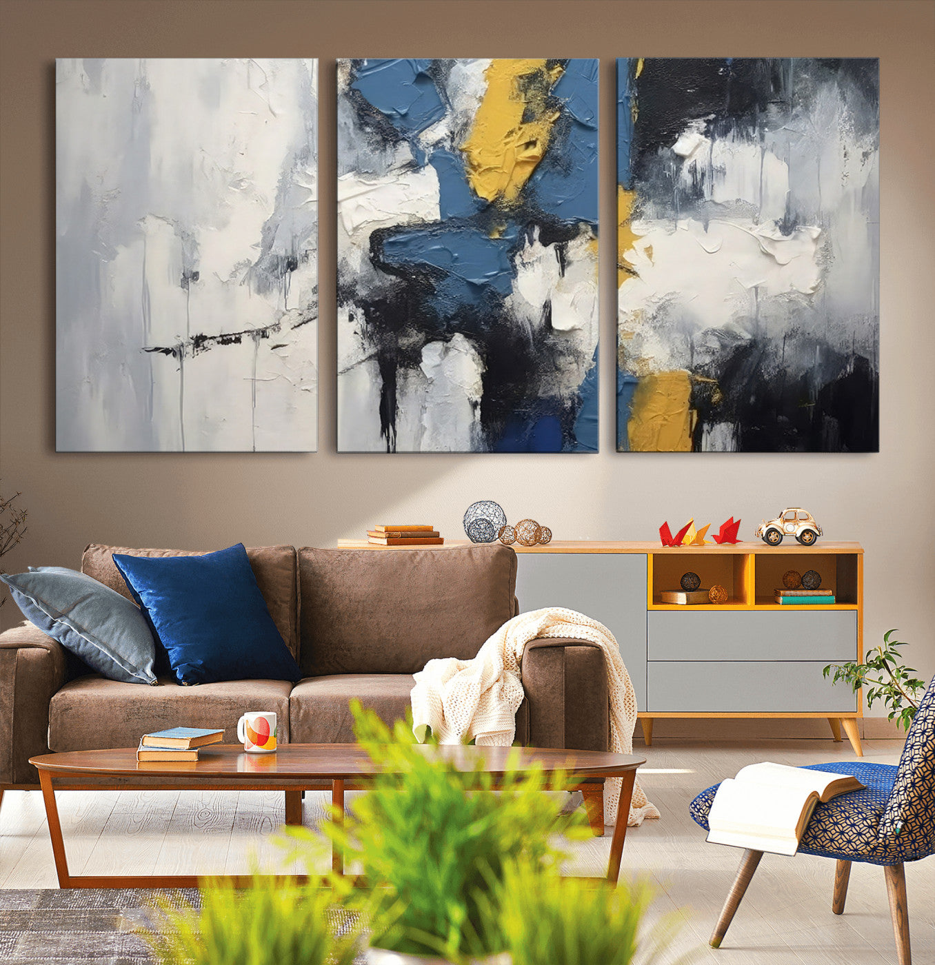 63850-MGV-CV-36X24-Abstract Blue and Yellow Wall Art – Modern Textured Canvas Painting, Bold Contemporary Artwork for Living Room, Bedroom or Office