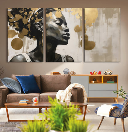 65669-MGV-CV-60X30-3P-Elegant Black Woman Wall Art – Modern Abstract Portrait Canvas with Gold Accents, Contemporary Afrocentric Decor for Living Room