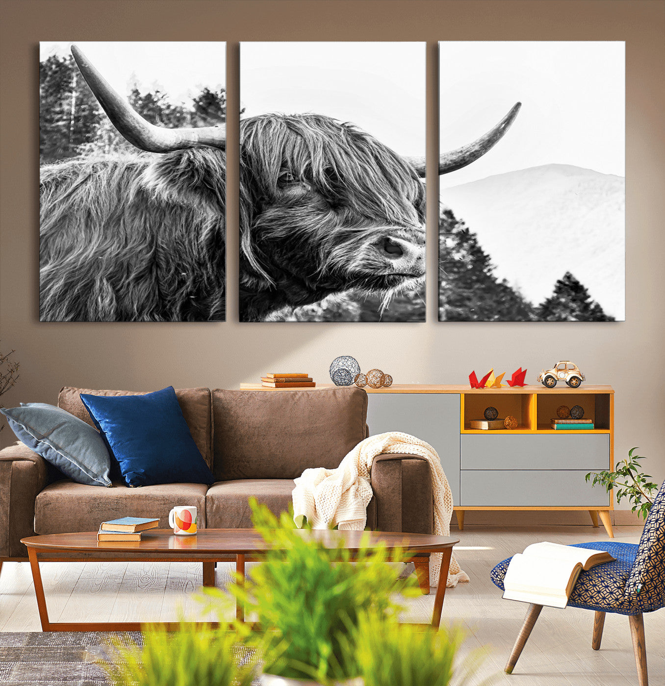 61570-MGV-CV-36X24-Highland Cow Wall Art – Black and White Scottish Bull Canvas Print, Rustic Farmhouse Animal Decor for Living Room, Bedroom, or