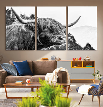 61570-MGV-CV-36X24-Highland Cow Wall Art – Black and White Scottish Bull Canvas Print, Rustic Farmhouse Animal Decor for Living Room, Bedroom, or