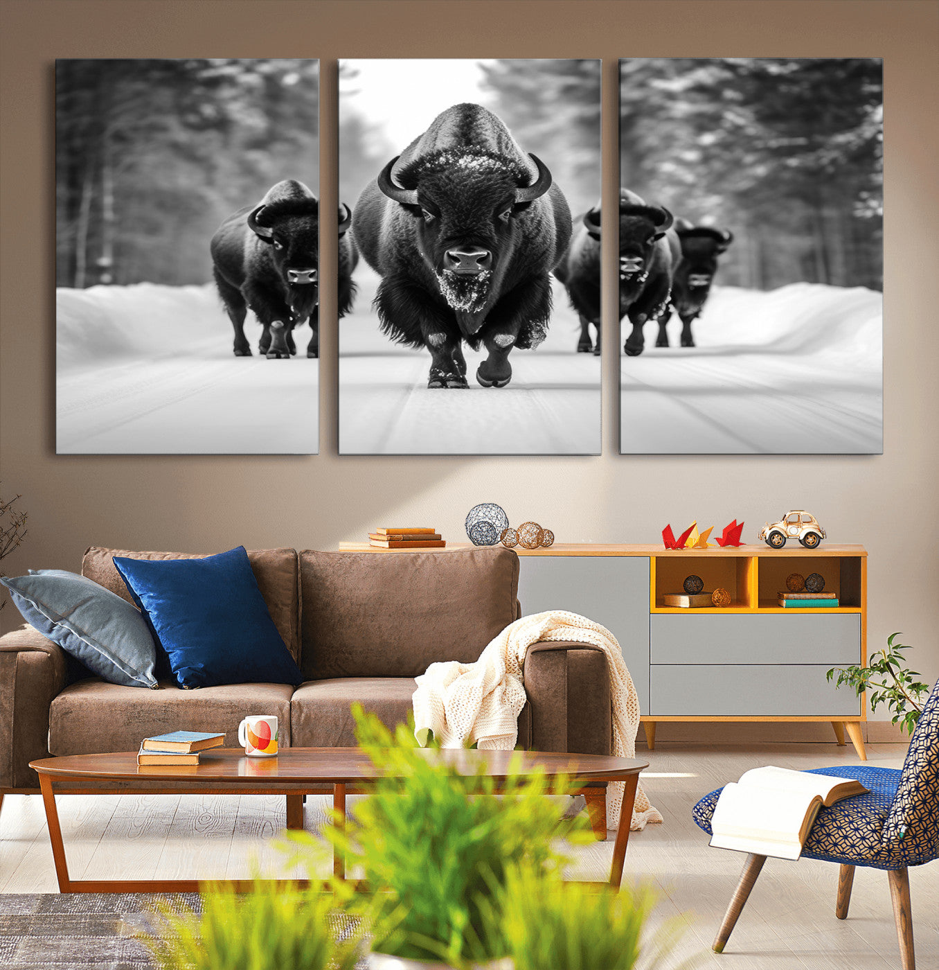 45287-MGV-CV-36X24-Bison Herd Wall Art – Black and White Buffalo Snow Road Canvas Print, Rustic Wildlife Decor for Cabin, Lodge or Living Room