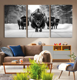 45287-MGV-CV-36X24-Bison Herd Wall Art – Black and White Buffalo Snow Road Canvas Print, Rustic Wildlife Decor for Cabin, Lodge or Living Room