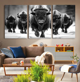 79872-MGV-CV-36X24-Bison Herd Wall Art – Black and White Buffalo on Snow Canvas Print, Rustic Wildlife Decor for Lodge, Cabin, or Living Room