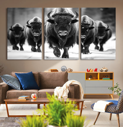 79872-MGV-CV-36X24-Bison Herd Wall Art – Black and White Buffalo on Snow Canvas Print, Rustic Wildlife Decor for Lodge, Cabin, or Living Room