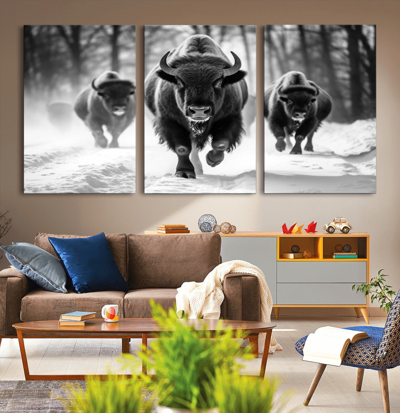97552-MGV-CV-36X24-Black and White Bison Wall Art – Buffalo Herd Running in Snow Canvas Print, Rustic Wildlife Photography Decor for Cabin, Lodge, or