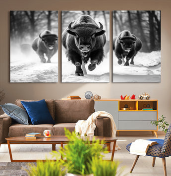 97552-MGV-CV-36X24-Black and White Bison Wall Art – Buffalo Herd Running in Snow Canvas Print, Rustic Wildlife Photography Decor for Cabin, Lodge, or