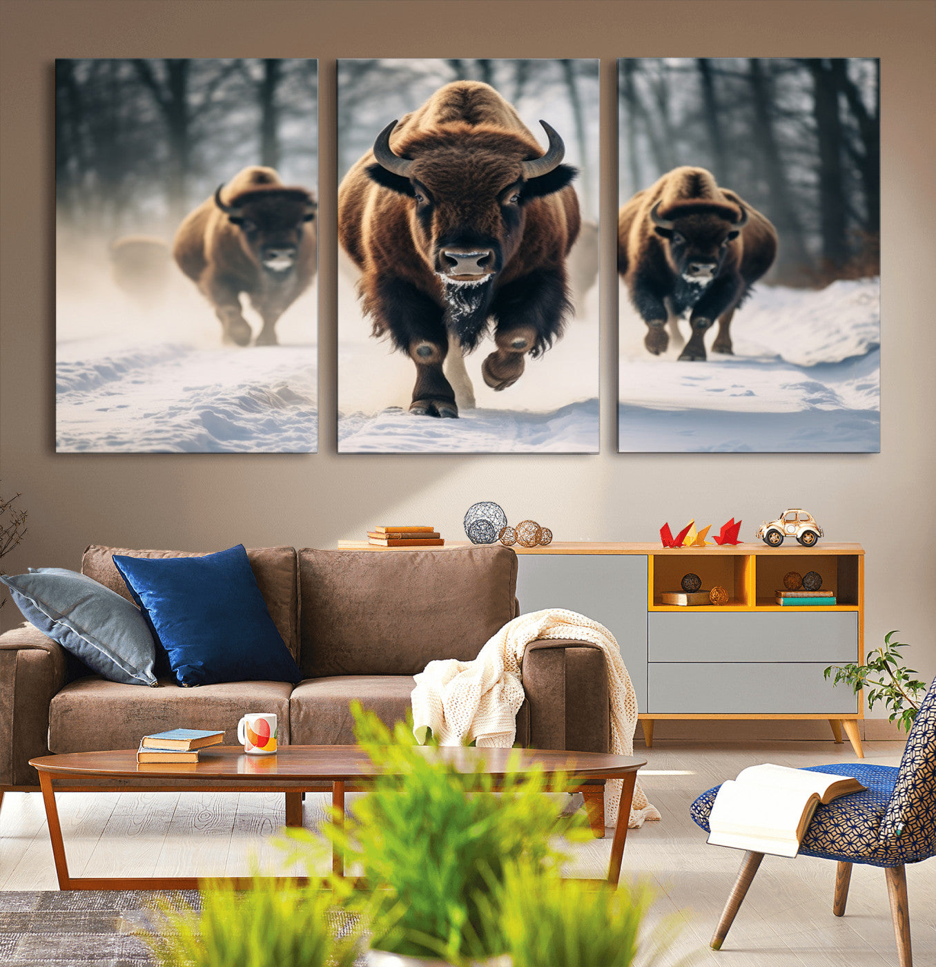 56549-MGV-CV-36X24-Wild Bison Wall Art – Majestic Buffalo Herd Running in Snow Canvas Print, Rustic Wildlife Photography Decor for Cabin, Lodge, or