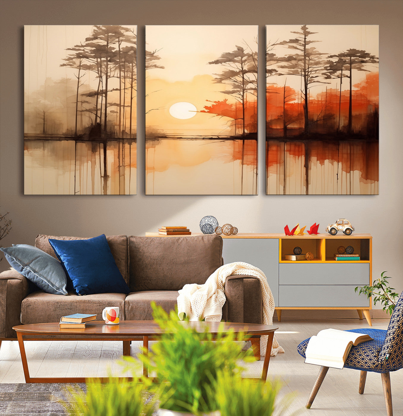 51083-MGV-CV-36X24-Sunset Lake Forest Wall Art – Serene Trees and Orange Sky Reflection Canvas Print, Tranquil Nature Decor for Living Room, Office