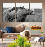 76338-MGV-CV-36X24-Mother Bear and Cub Wall Art – Black and White Wildlife Canvas Print, Rustic Nature Photography for Cabin, Living Room or Office