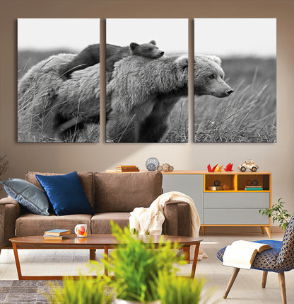 76338-MGV-CV-36X24-Mother Bear and Cub Wall Art – Black and White Wildlife Canvas Print, Rustic Nature Photography for Cabin, Living Room or Office