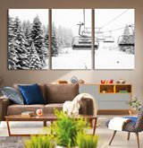 70609-MGV-CV-36X24-Snowy Ski Lift Wall Art – Black and White Winter Mountain Landscape Canvas Print, Rustic Lodge Decor for Cabin, Living Room or