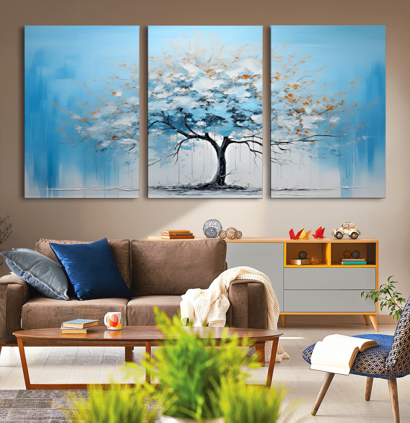25021-MGV-CV-36X24-Abstract Tree Wall Art – Blue and White Canvas Painting with Gold Accents, Modern Nature-Inspired Artwork for Living Room, Bedroom