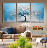 25021-MGV-CV-36X24-Abstract Tree Wall Art – Blue and White Canvas Painting with Gold Accents, Modern Nature-Inspired Artwork for Living Room, Bedroom