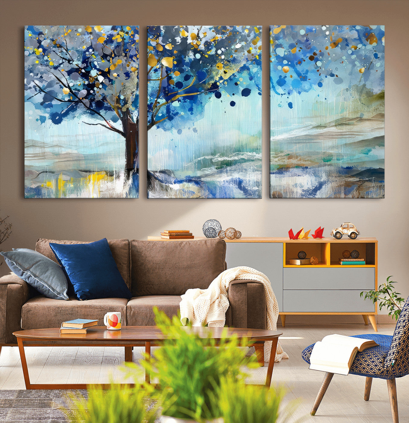 17018-MGV-CV-36X24-Abstract Blue Tree Wall Art – Colorful Canvas Painting with Gold and Silver Accents, Modern Nature Artwork for Living Room,