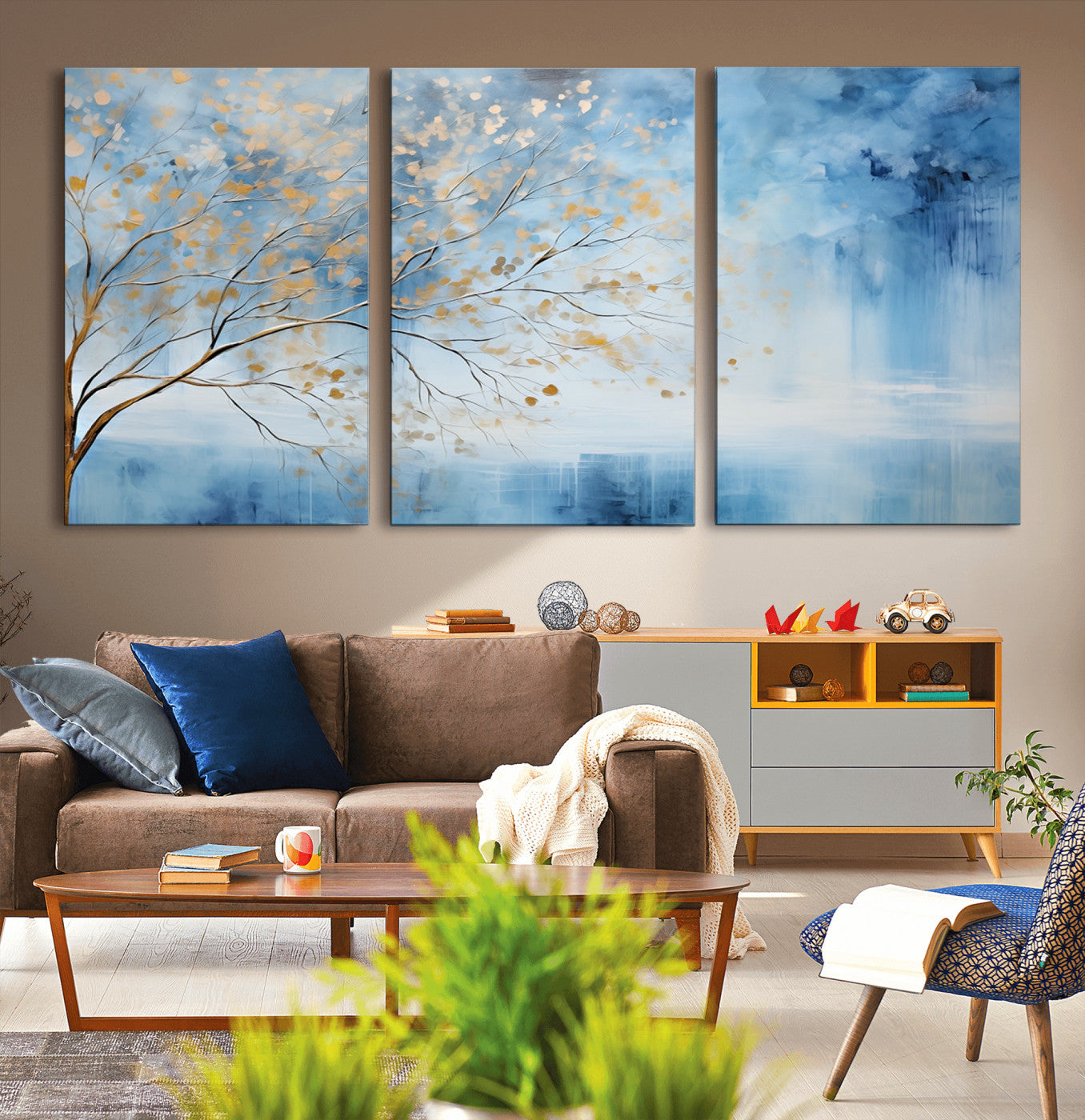 23891-MGV-CV-36X24-Abstract Tree Wall Art – Minimalist Blue and Gold Canvas Painting, Elegant Nature-Inspired Artwork for Living Room, Bedroom or