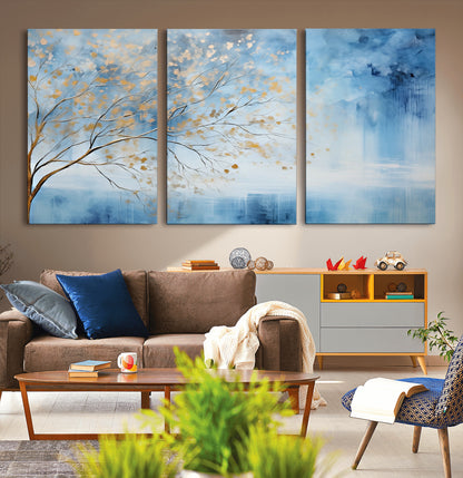 23891-MGV-CV-36X24-Abstract Tree Wall Art – Minimalist Blue and Gold Canvas Painting, Elegant Nature-Inspired Artwork for Living Room, Bedroom or