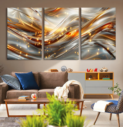 Lines1-MGV-CV-36X24-Abstract Metallic Wall Art – Silver and Gold Wave Canvas Print with Sparkling Accents, Modern Luxury Decor for Living Room, Office