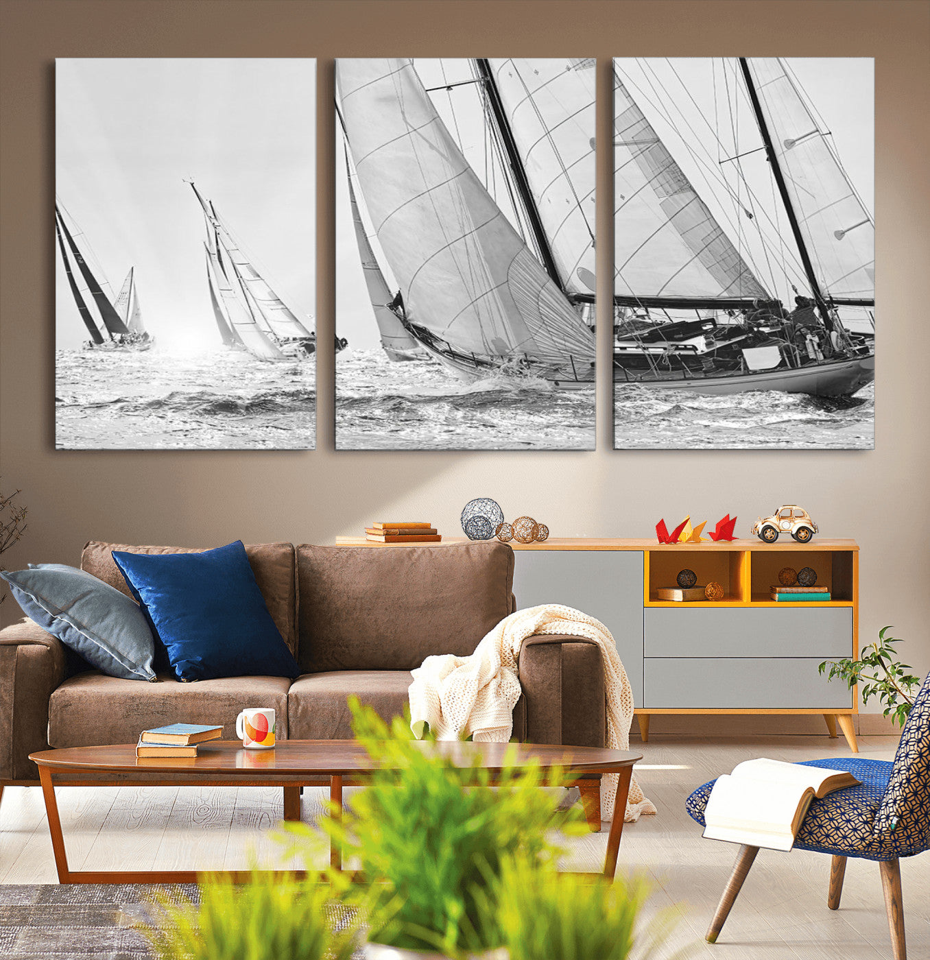 Boat-1-MGV-CV-36X24-Sailboat Racing Wall Art – Nautical Black and White Canvas Print, Ocean Adventure Decor for Office, Living Room or Bedroom