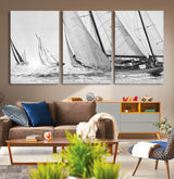 Boat-1-MGV-CV-36X24-Sailboat Racing Wall Art – Nautical Black and White Canvas Print, Ocean Adventure Decor for Office, Living Room or Bedroom