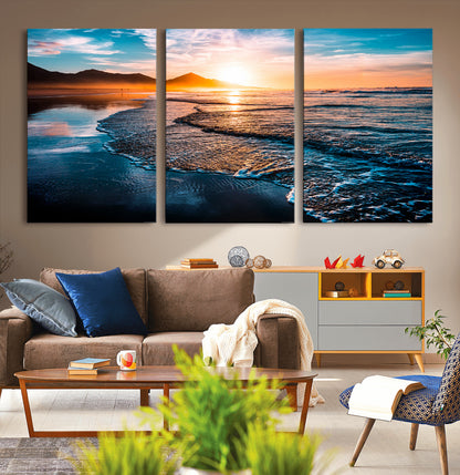 26494-MGV-CV-36X24-Ocean Sunset Wall Art – Scenic Beach Canvas Print with Waves and Mountains, Coastal Seascape Photography for Living Room, Bedroom