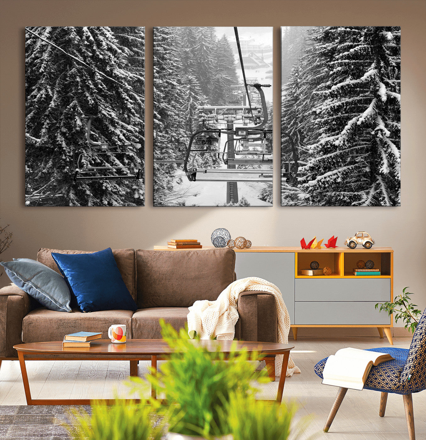 19240-MGV-CV-36X24-Ski Lift Wall Art – Black and White Winter Mountain Canvas Print, Snowy Forest Ski Resort Photography for Cabin, Lodge, Office or