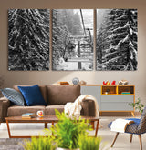19240-MGV-CV-36X24-Ski Lift Wall Art – Black and White Winter Mountain Canvas Print, Snowy Forest Ski Resort Photography for Cabin, Lodge, Office or