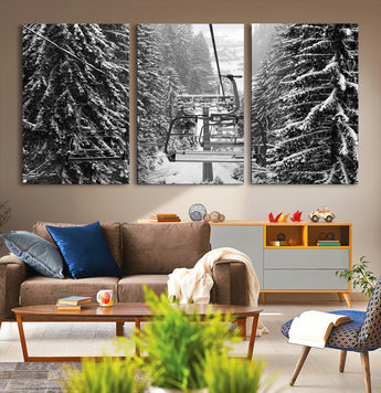 19240-MGV-CV-36X24-Ski Lift Wall Art – Black and White Winter Mountain Canvas Print, Snowy Forest Ski Resort Photography for Cabin, Lodge, Office or