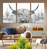 94579-MGV-CV-36X24-Highland Cow Wall Art – Black and White Longhorn Canvas Print, Rustic Western Farmhouse Animal Photography for Living Room,