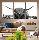 58188-MGV-CV-36X24-Highland Cow Wall Art – Black and White Rustic Farmhouse Canvas Print, Longhorn Cattle Photography Decor for Living Room or