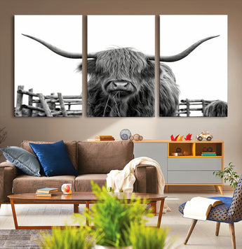 58188-MGV-CV-36X24-Highland Cow Wall Art – Black and White Rustic Farmhouse Canvas Print, Longhorn Cattle Photography Decor for Living Room or