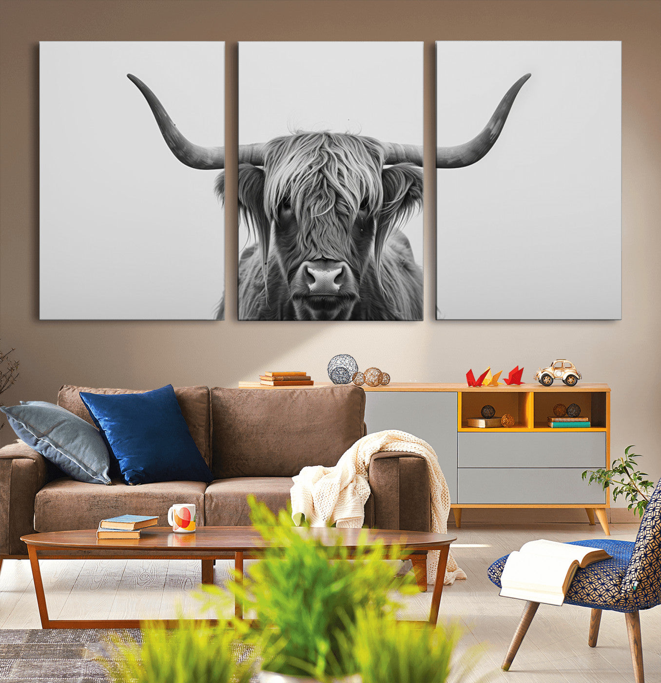 35820-MGV-CV-36X24-Minimalist Highland Cow Wall Art – Black and White Longhorn Cattle Canvas Print, Modern Farmhouse Animal Photography Decor for